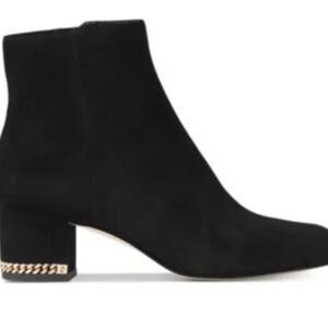 Michael Kors Sabrina Gold Chain Mid Bootie Block Heel Black Suede Boots